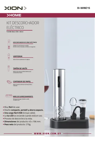 Kit Descorchador Sacacorcho Eléctrico Recargable Xion XI-WINE15 color Único