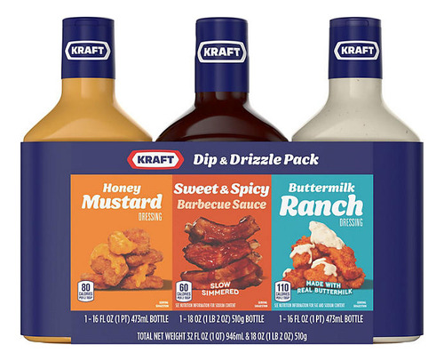 Kraft Dip & Drizzle Sauce 3 Pack Mostaza Dulce, Bbq Y Ranch