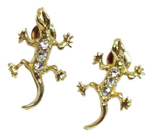 Aretes De Iguana 1.8 Cm Oro Laminado Y Cristales Blancos 