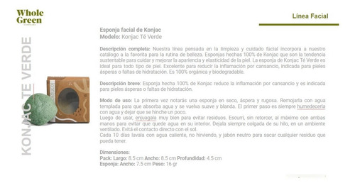 Imagen 3 de 9 de Konjac Esponja Facial - Te Verde Pieles Secas - Sustentable