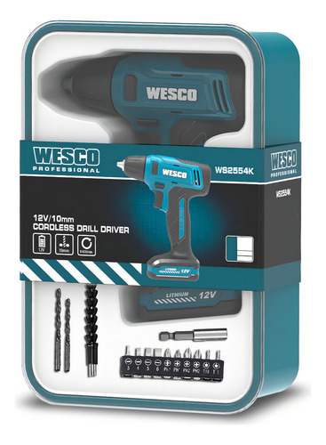Furadeira Parafusadeira Sem Fio De 10mm 3/8 Wesco Ws2554k 12v + Acessórios 110v/220v