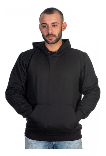 Imagem 6 de 7 de Moletom Canguru Preto Masculino Liso Fechado Com Capuz Ofert
