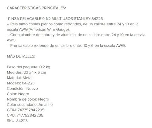 Alicate Pinza Pelacable Multiuso 9.1/2 10 Ref 84-223