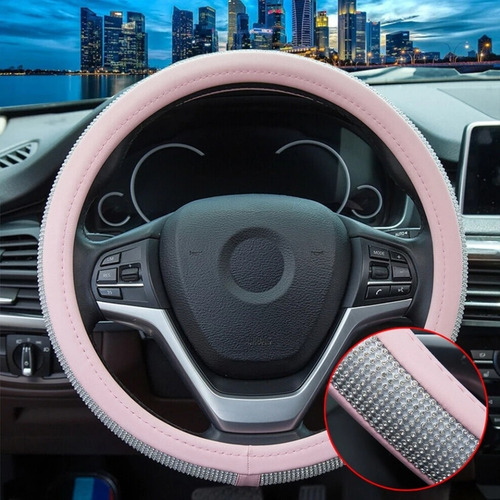 Set Funda Cubre Asiento Auto Rosa + Cubre Volante Rosa Piedr