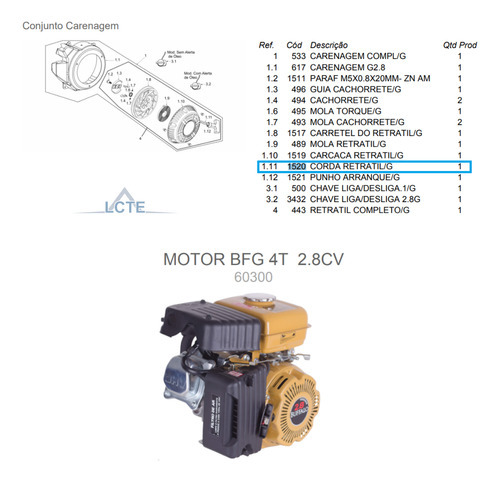 Corda P/ Partida Retrátil Para Motor 2.8cv Buffalo 1520