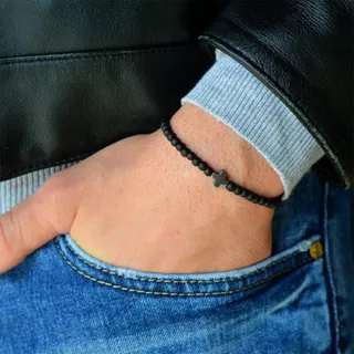 Pulsera Hombre Brazalete Obsidiana Cruces Regalo Para Hombre