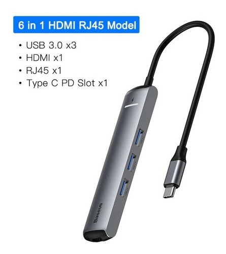 Imagem 2 de 7 de Hub Adaptador Macbook Pro 6em1 Usb-c Hdmi Pd Usb Rj45 Baseus