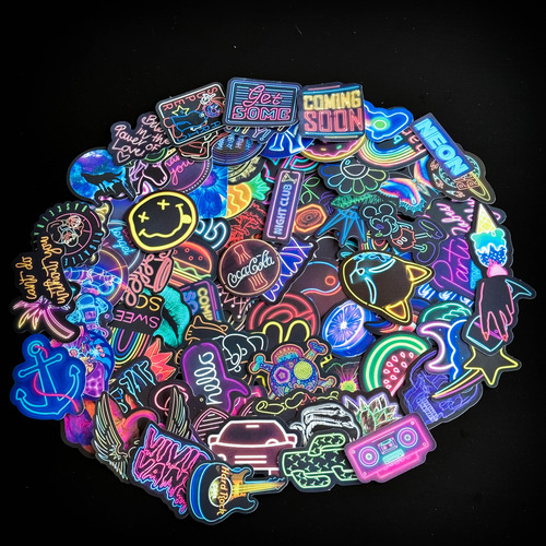 Kit 100 Adesivos Neon Fluorescente Caveira Placas Rock Cores