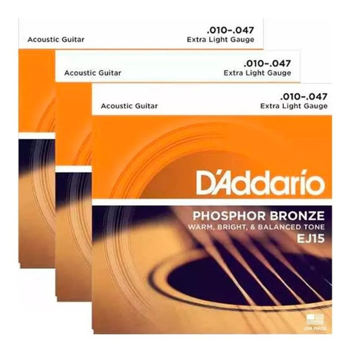 3 Encordados Daddario Guitarra Acustica Ej153d Bronce 010