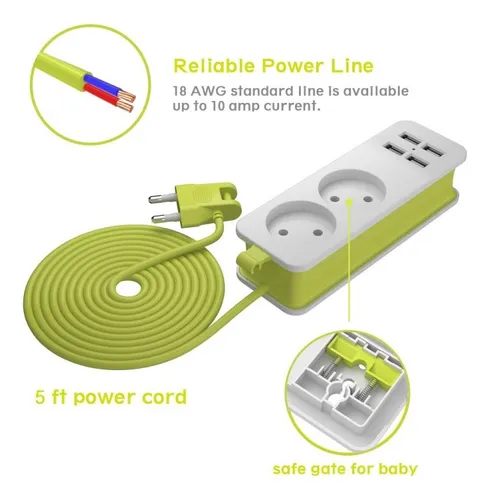 Regleta De Alimentación De 2 Salidas, 4 Usb, 1/2 Enchufe Eur