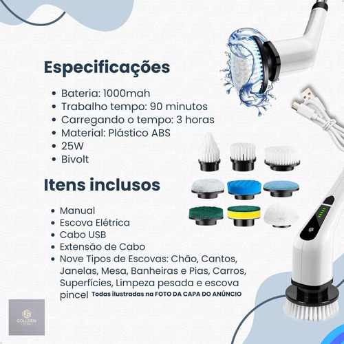 Esfregão De Limpeza Elétrico Mop 9 Em 1 Giratório Geral Recarregável 360 Multiuso Vidro Piso Parede Azulejo Premium Sem Fio Portátil Multifuncional Cabo Ajustável Todos Ambientes Gollden Store Gs