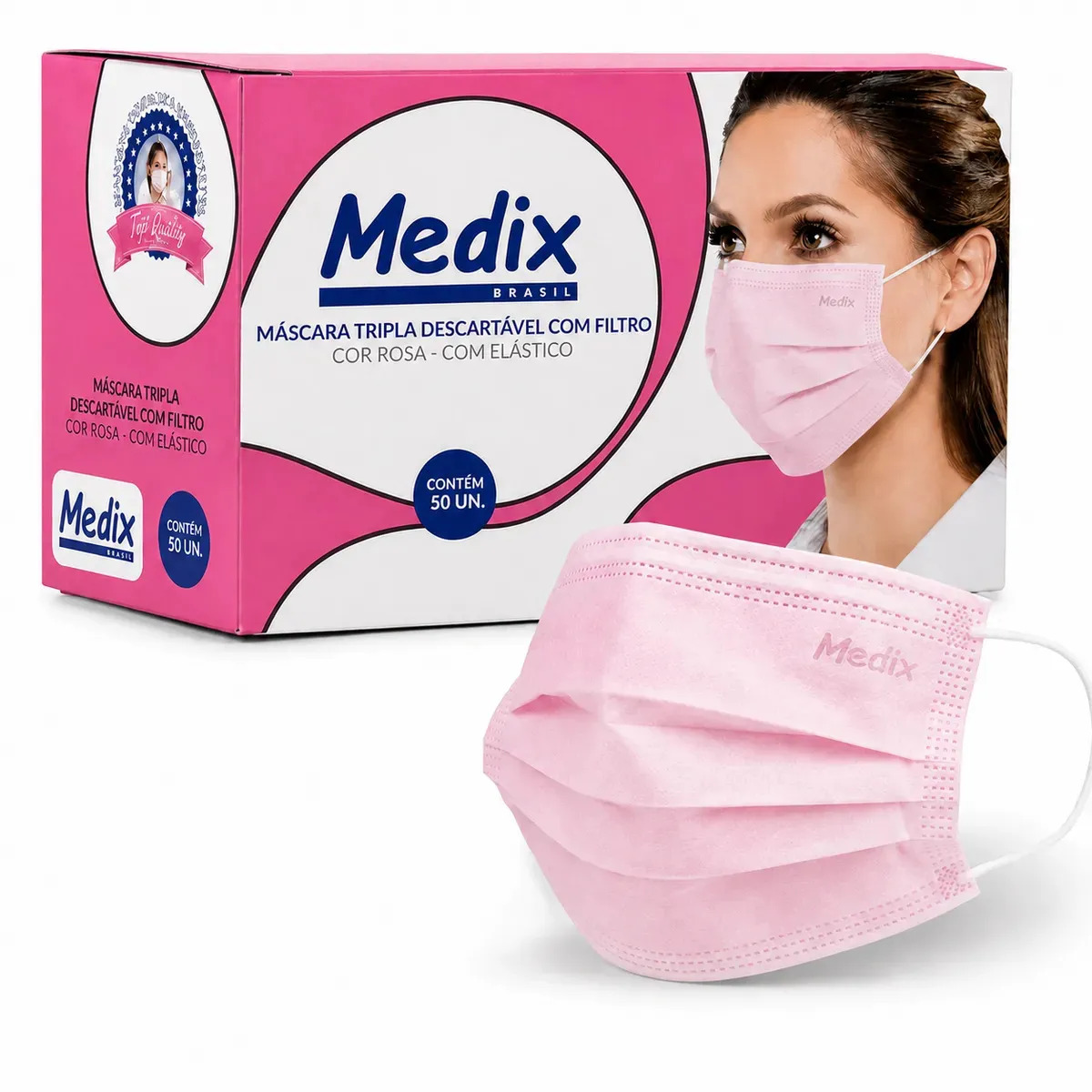 Mascara Cirurgica Descartavel Tripla Rosa 50 Unidades