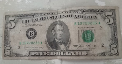 Antiguo Billete 5 Dollares Usa 1985 Pequena Rotura Al Medio