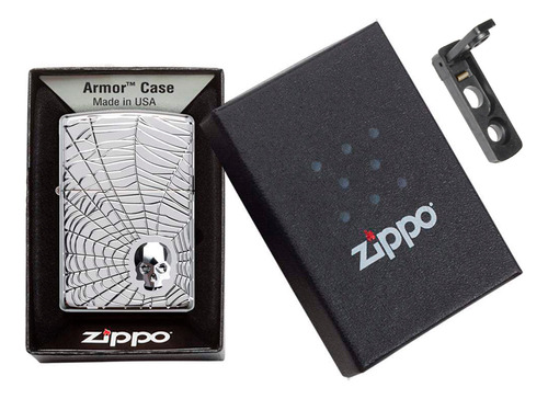 Zippo Armor Deep Carved Spider Web & 3-d Crystal Skull