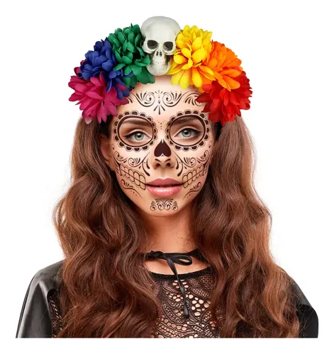 Set De Halloween Para Mujer: Diadema Con Velo De Rosas Y Tatuajes Temporales De Calavera (Día De Muertos)