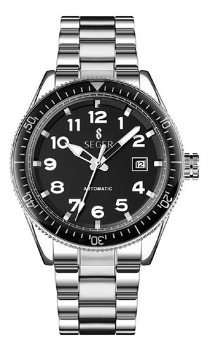 Reloj Hombre Seger 9232 Original Eeuu Elegante Automatico Color De La Malla Plateado Color Del Fondo Negro