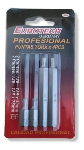 Juego Puntas Torx 4 Piezas T20 T25 Cortas Largas Eurotech