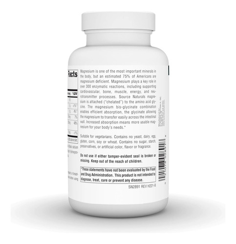 Source Naturals Glicinato De Magneio 200 Mg Con 120 Tabletas Sin Sabor