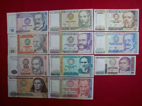 Imagen 1 de 2 de Billetes Intis Del Perú En Buen Estado (11 Billetes)