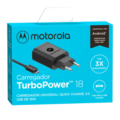 Carregador Turbo Power Motorola 18w Cabo Micro Usb Preto