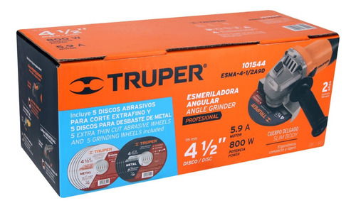 Esmeriladora Angular 4 1/2'' 800 W + 11 Discos Truper