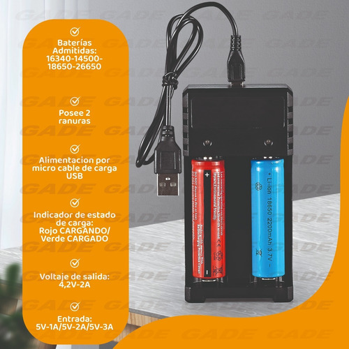 Imagen 2 de 6 de Cargador Doble De Pilas Usb Aa Aaa 18650 26650 14500 16340 1