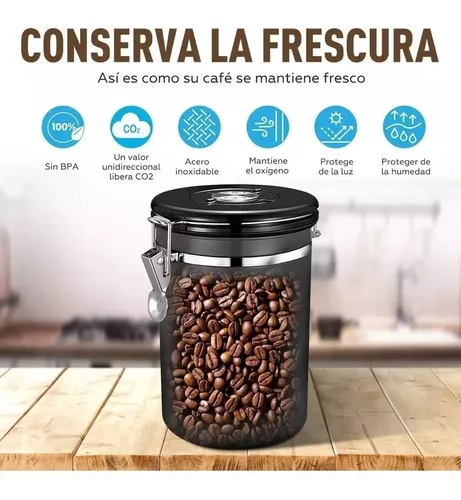 Contenedor hermético de acero inoxidable para granos de café, recipiente  para café, contenedor de almacenamiento de alimentos para cocina con  válvula de liberación, cuchara de 1,5 l