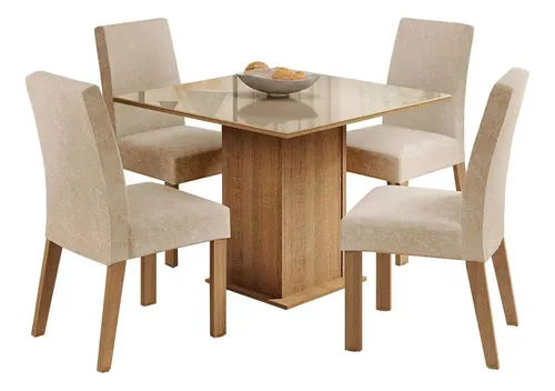 Sala Jantar Madesa Evelin Mesa Tampo Vidro Com 4 Cadeiras Cor Rustic/Crema/Imperial Desenho do tecido das cadeiras Liso