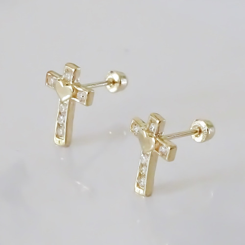Amor Eterno - Broquel Aretes Cruz Corazón Diamante / Oro 10k