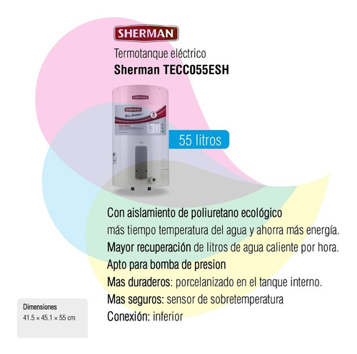 Termotanque Eléctrico De Colgar Sherman 55 Litros Conexion Inferior