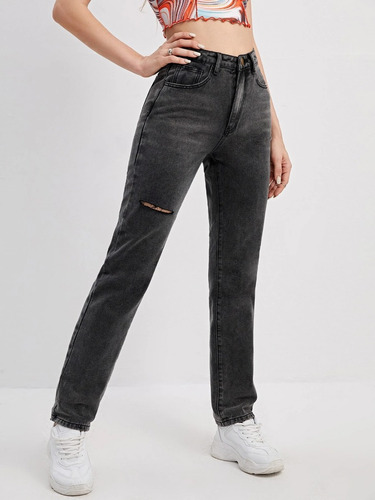 Pantalón Jean Negro De Pierna Recta Con Roto Marca: Shein Xs