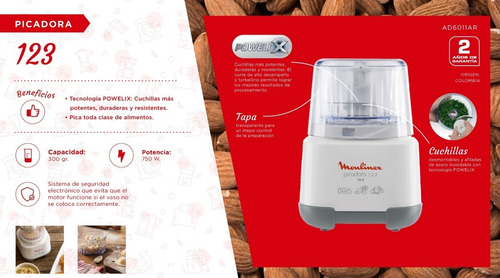Imagen 4 de 5 de Picadora Moulinex Pica Todo En 1,2,3 Moulinette Ad6011 750w