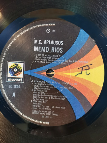 Memo Rios M.c. Aplausos Rap Disco De Vinilo Lp Original Edición Original (Usado)