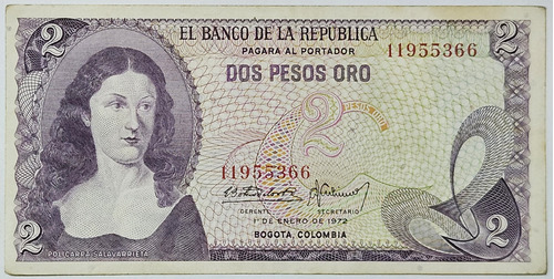 Billete 2 Pesos 01/ene/1972 Colombia Xf