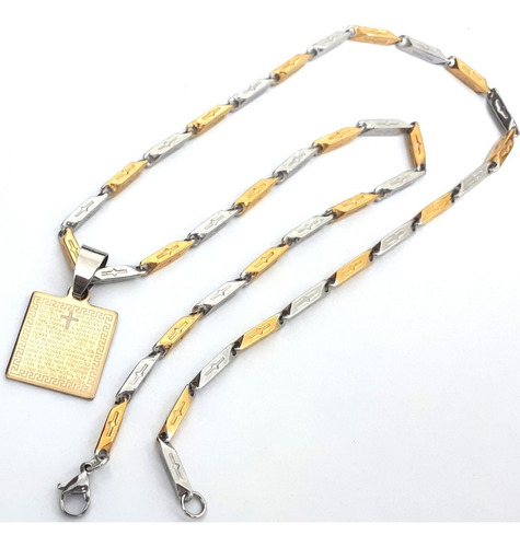 Pingente Placa Pai Nosso+ Cordão Espelhado Aço Prata Dourado