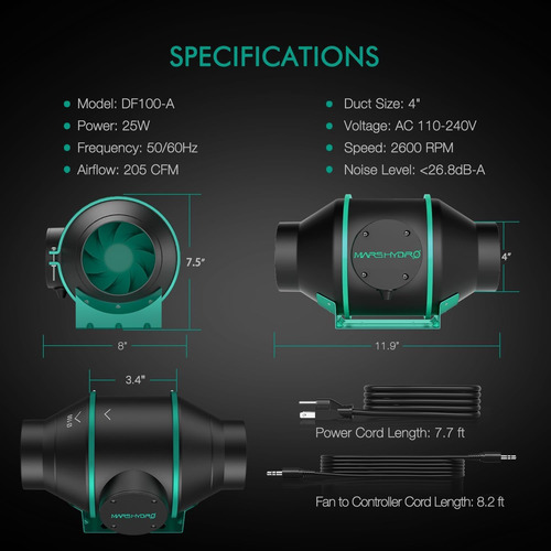Mars Hydro Ventilador En Línea De 4 Pulgadas Y Filtro, Co...