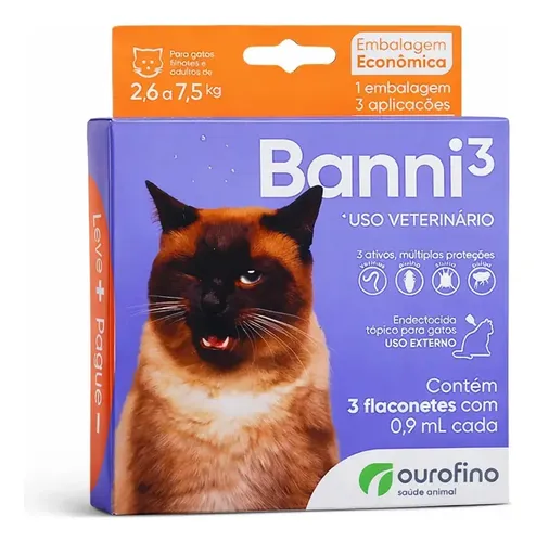 Banni3 Ourofino Antipulgas e Vermífugo para Gatos 2,6 a 7,5kg 0,9ml 3 Pipetas 4.