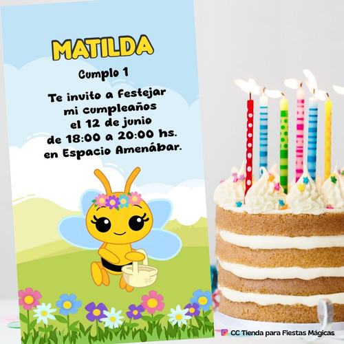 Invitación Digital Cumpleaños Abejita Chiquitita Plim Plim Celeste