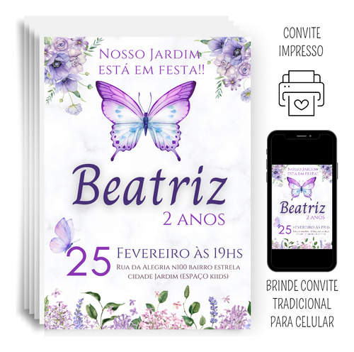 Convite Impresso Personalizado 14x10cm | Borboleta | Kit 40 Unidades