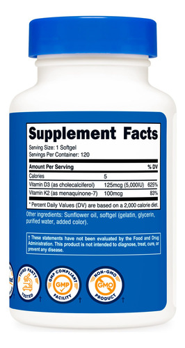 Nutricost K2 Mk7 100 Mcg Y Vitamina D3 5000 Ui 120 Cápsulas