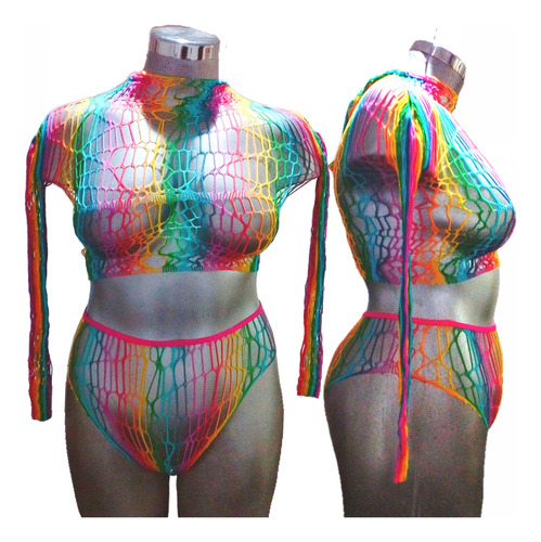 C^ Conjunto De Lencería De Red Arcoiris Sensual Con Gorro