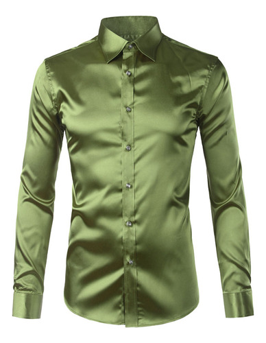 Camisa De Vestir De Satén De Seda Verde Para Hombre, Casual,