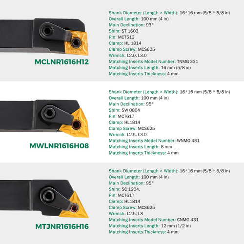 Juego De 3 Herramientas De Torno Cnc Metal Indexable 16 Mm