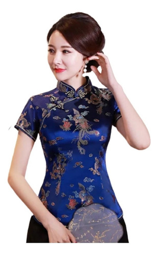 Blusa Chinesa Com Estampa Dragão E Fênix - Azul