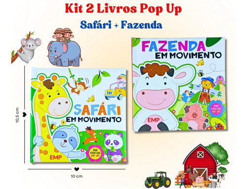 Kit 2 Livros Infantil Pop Up 3d Animais Da Fazenda E Safari Na Selva Capa Dura