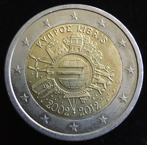 Chipre, 2 Euro, 2012. Bimetalica. 10 Años Euro. Bu