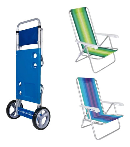Kit Carrinho De Praia + 2 Cadeiras De Praia Alumínio Mor