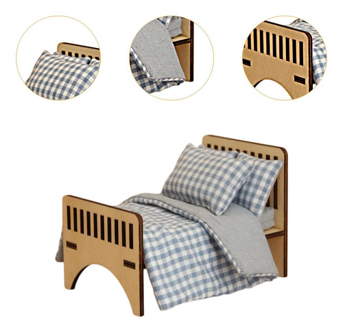 Cama De Madera En Miniatura Para Casa De Muñecas A Tartán