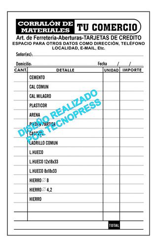 10 Talonarios Presupuestos Personalizados Comandas 11x17