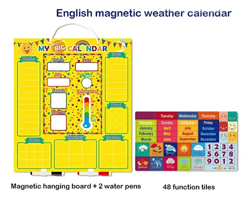 Navaris Calendario de Aprendizaje para niños - Tablero Educativo Montessori en inglés - Pizarra para Aprender días de la Semana Clima con 41 imanes Navaris Calendario de Aprendizaje para niños - Tablero Educativo Montessori en inglés - Pizarra para Aprender días de la Semana Clima con 41 imanes